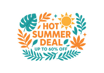 Obraz premium Hot summer deal up to 60 percent off banner with tropical leaves and sun. Seasonal sale, exotic design. Flat vector illustration.