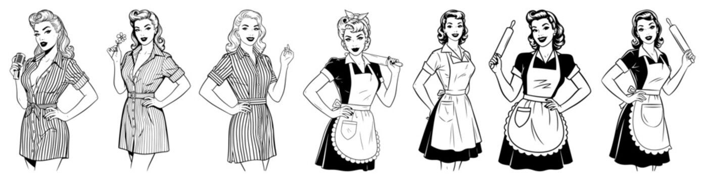 Vector retro housewives cooking set &mdash; vintage women in aprons holding kitchen tools outline illustration