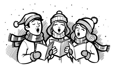 Vector kids Christmas caroling — three children singing holiday songs in winter hats outline illustration