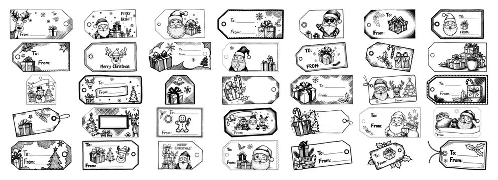 Vector Christmas gift tags set &mdash; assorted holiday label designs with Santa, presents and snow outline illustration