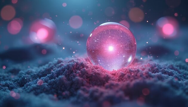 Glowing pink orb rests on rough textured ground. Small bright particles float around in dim blue light. Abstract forms and bokeh effects blur background.