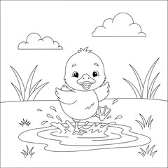 Happy Duckling Splashing in a Puddle - Black and White Outline Vector Illustration for Coloring Books and Playful Spring Scenes