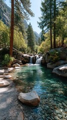 Serene Forest Waterfall with Crystal Clear Turquoise Water and Rocky Shoreline Bathed in Sunlight