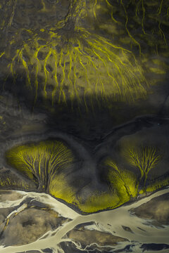Aerial view of a surreal landscape with veins of vibrant yellow contrasting against the dark earth, creating a striking visual tapestry, Highlands Of Iceland, Sveitarf&eacute;lagio Hornafjorour, Iceland.
