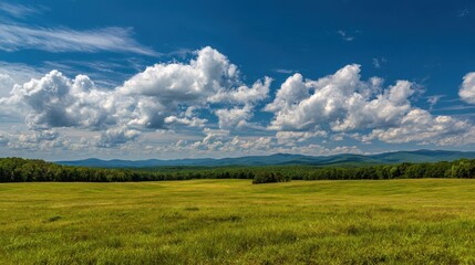 Vast green field stretches towards distant forest line under a bright blue sky filled with fluffy white clouds in the afternoon light