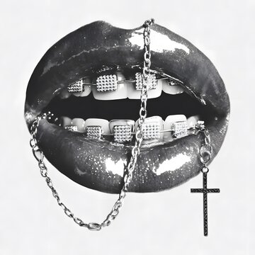 Glossy black lips with diamond grillz and metal chain cross pendant in high fashion monochrome style