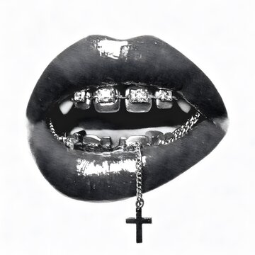 Glossy black lips with diamond grillz and metal chain cross pendant in high fashion monochrome style