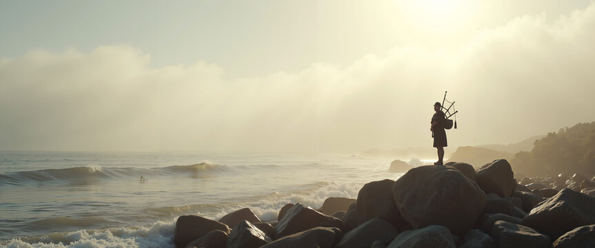 Lone bagpiper playing on rocky shore at sunrise with misty background  