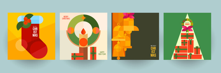 Set background for covers, invitations, posters, banners, flyers, placards. Minimal template design for branding, advertising with holiday christmas composition in mosaic style. Vector illustration.