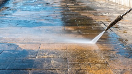 Power washing patio surface for deep cleaning and restoration in sunny outdoor setting with high pressure water stream