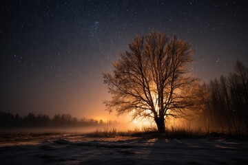 Majestic Silhouette of a Lone Tree Illuminated by a Mystical Glow Under a Starry Night Sky in a Foggy Landscape