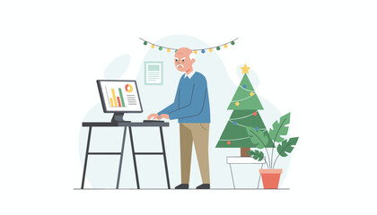 Angry senior man working on finance reports near a decorated Christmas tree Holiday business stress