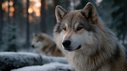 Fototapeta premium Close-up of a majestic gray wolf in a snowy forest setting with a blurred wolf in the background highlighting natural beauty and wildness of the wilderness