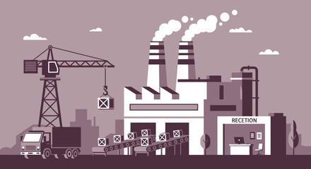 Obraz premium Factory production scene crane loading conveyor belts and truck delivery Industrial manufacturing and logistics