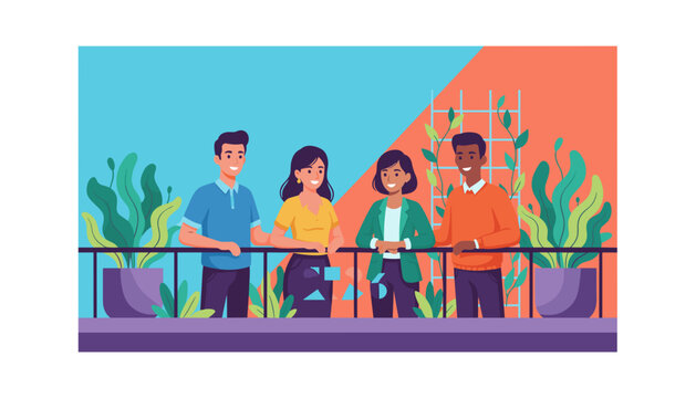 Group of diverse colleagues socializing happily on a green rooftop or balcony break