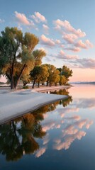 Serene Lakeside Scene With Trees Reflected In Calm Water Under A Cloudy Sky At Sunset