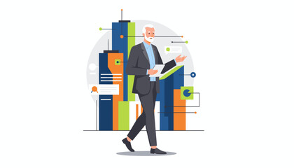 Confident senior executive walks amidst business data and city growth illustration