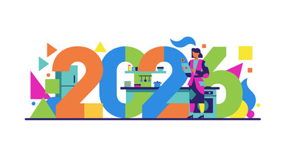 2026 illustration Woman plans in a modern kitchen symbolizing New Year technology and home organization