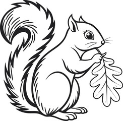 Detailed line art sketch of a squirrel holding an acorn in a naturalistic style isolated on transparent background