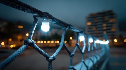 Close-Up View of Decorative Lights on a Rope Fence at Night with Blurred Cityscape in Background, Creating a Cozy and Inviting Atmosphere