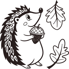 Artistic hedgehog silhouette surrounded by autumn oak leaves and acorn isolated on transparent background