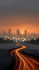 Electric Flowing Light Trail on Urban Road with City Skyline at Sunset Creating a Dreamlike Scene of Motion and Energy