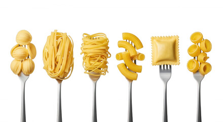 Assorted pasta shapes on forks isolated on a transparent background