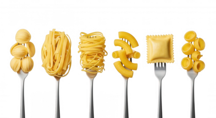Assorted pasta shapes on forks isolated on a transparent background