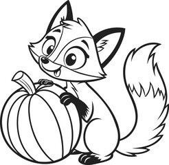 Whimsical cartoon fox wearing witch hat holding pumpkin for halloween season isolated on transparent background