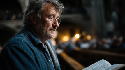 Thoughtful Senior Man Reading Book in Sacred Space with Soft Lighting and Introspective Atmosphere
