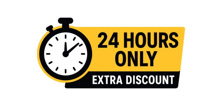 24 hours only extra discount banner with clock. Urgent sale, limited time offer. Flat vector illustration.