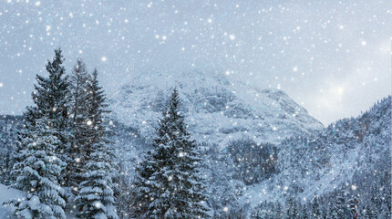 Winter Christmas landscape with fir trees in forest and snowfall.