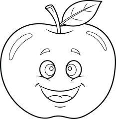 Happy Cartoon Apple Outline - Cheerful Fruit Character for Kids' Coloring Books and Educational Designs
