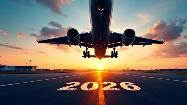 Airplane takes off against a stunning sunset backdrop, showcasing the runway with the year 2026, camera follows the ascent with a smooth upward motion