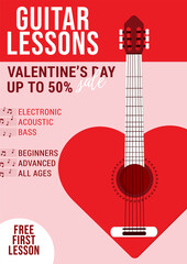 Valentine's Day Course Sale Template. Guitar Lessons. Flyer, ad, banner, social media post template, etc.