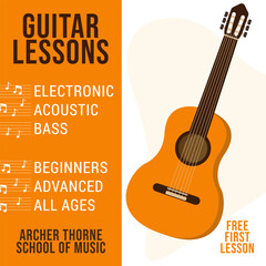 Music lesson banner template. Guitar lessons. Banner, social media post, flyer, ad.