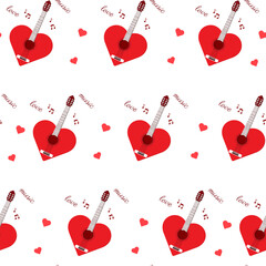 A pattern with a red guitar in the shape of a heart and words. Valentine's Day pattern. Love and music. Pattern for packaging, fabric, products, etc.