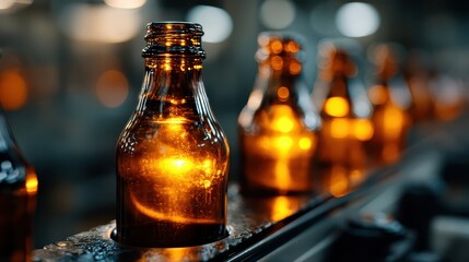 Amber Glass Bottles on an Industrial Conveyor Belt Under Shiny Manufacturing Lights with Blurred Background in a Production Facility