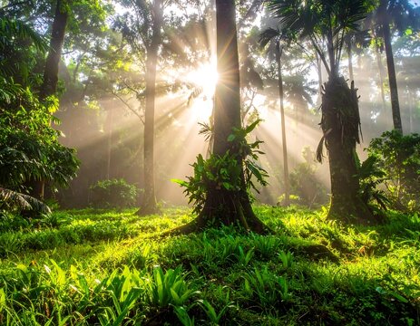Sunlit jungle scene featuring tall trees and vibrant green foliage