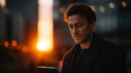 Young man using smartphone while enjoying sunset in urban environment with blurred city lights and warm golden hues in background, reflecting peaceful mood