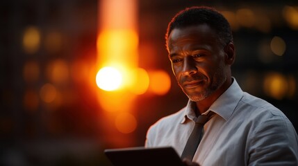 Thoughtful man using tablet outdoors during sunset, illuminated by warm light in a city setting, focused on screen with serene expression