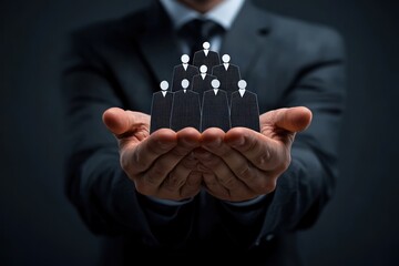 Strategic Partnership: A distinguished executive cradles miniature figures, symbolizing teamwork, corporate strategy, and organizational harmony within a business structure.