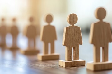 Wooden Figures in Focus: A line of wooden figures, symbolizing individuals, stands in a row. The image highlights the concepts of teamwork and the individual's role within a larger structure.
