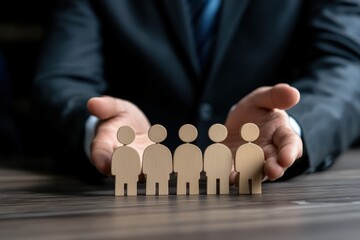 Protection and Unity: A symbolic representation of security, strength, and cooperation, depicting a business professional cradling a team of miniature figures.