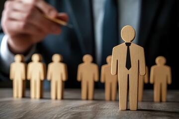 Targeted Talent Acquisition: A focused individual selects a wooden figure representing an employee from a lineup, underscoring strategic talent acquisition and personnel selection.