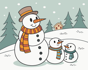 A family of snowmen are standing together in the winter landscape
