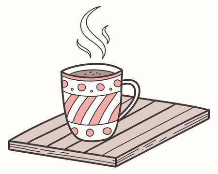 steaming coffee cup on wooden tray clip art preview