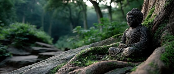 Obraz premium Serene Buddha Statue Surrounded by Lush Greenery Under Soft Morning Light in a Peaceful Forest Setting