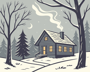 Naklejka premium Cozy cabin nestled in a snowy winter forest landscape with smoke rising from chimney