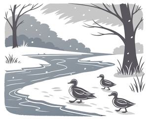 Ducks walking along a snowy riverbank on a cold winter day illustration